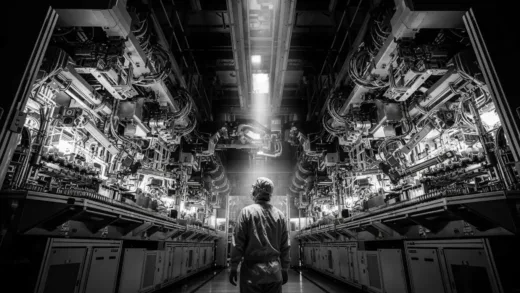 A dramatic black and white photo of a semiconductor manufacturing facility with a lone engineer standing in front of massive machinery, symbolizing the underdog story of SK Hynix's transformation
