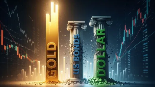 A dramatic visual of three pillars labeled Gold, US Bonds, and Dollar, with the gold pillar rising dramatically while the other two are crumbling, set against a global financial market background with charts and graphs showing diverging trends.