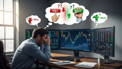 A frustrated investor looking at stock market charts on multiple screens, showing both green and red numbers, with thought bubbles showing psychological conflicts about selling and holding investments. Modern office setting with natural lighting.