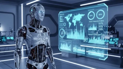 A futuristic humanoid robot standing in a modern laboratory, looking towards a holographic display showing global population and robot statistics, cinematic lighting, highly detailed, photorealistic