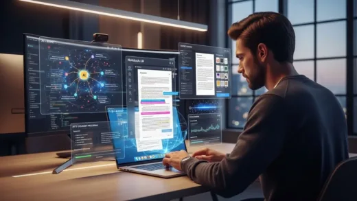 A modern professional using Notebook LM on a laptop with multiple AI interfaces visible, showing mind maps, document processing, and content creation in a sleek office environment, futuristic technology aesthetic