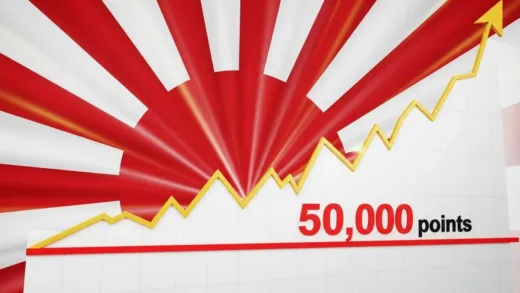 A dramatic financial graph showing the Nikkei 225 index breaking through 50,000 points for the first time in history, with Japanese flag colors in the background and a rising sun motif, symbolizing Japan's economic resurgence after 34 years