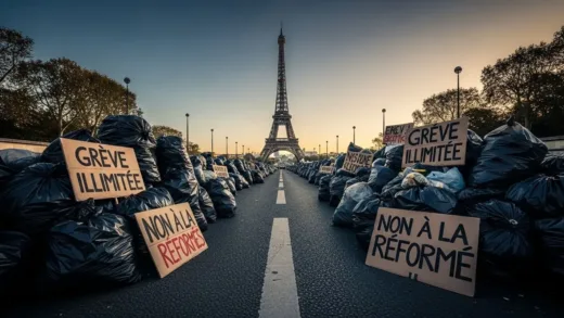 A striking photograph of the Eiffel Tower with piles of uncollected garbage bags lining the streets of Paris, with protest signs in French visible, early morning light casting long shadows, photojournalistic style, realistic, high detail