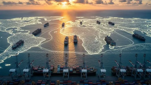 Aerial view of massive container ships sailing across ocean trade routes, global shipping lanes visualized with glowing lines, modern port with cranes loading containers, sunrise over maritime horizon, photorealistic style, cinematic lighting