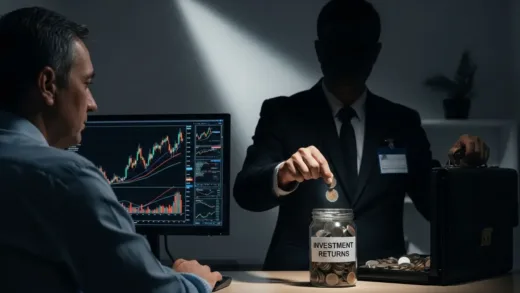 A visual metaphor of a shadowy tax thief stealthily taking coins from an investor's jar labeled 'Investment Returns'. The thief wears a suit and has a legitimate-looking badge, while the investor is unaware, looking at stock charts on a computer. Dark, contrasting lighting highlights the theft.