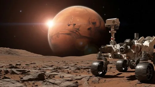 A captivating shot of Mars from space, with a subtle glow of a distant sun, hinting at mystery and exploration. A close-up of a Mars rover on a rocky Martian surface, with the red sky in the background, combining the grandeur of space with the gritty reality of exploration.