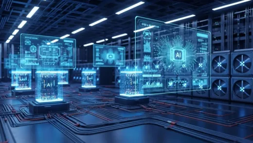 A futuristic data center with glowing AI nodes and interconnected networks, showing the complexity of AI infrastructure with holographic displays of GPU clusters and cooling systems, cinematic lighting, high detail, professional illustration style