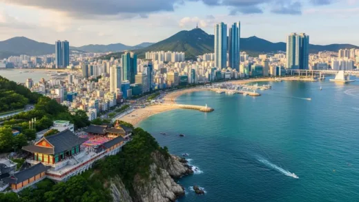 Aerial view of Busan city skyline with mountains and ocean, vibrant tourism scene with foreign tourists visiting popular attractions like Haedong Yonggungsa Temple