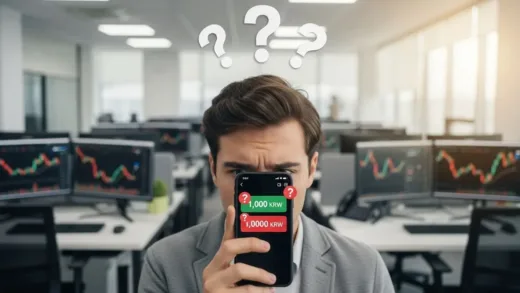 A confused new investor looking at stock prices on a smartphone screen showing 1,000 KRW and 1,000,000 KRW prices with question marks floating above their head, modern financial office background with charts on monitors