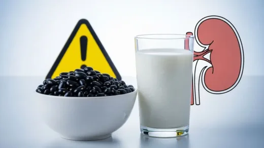 A bowl of black beans next to a glass of milk, with a warning sign and a kidney shape in the background, medical illustration style, clean and professional