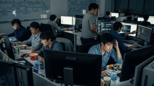 A dimly lit office with computers still running, empty water bottles on desks, and engineers working passionately despite the difficult conditions, representing a Korean semiconductor startup's challenging beginning