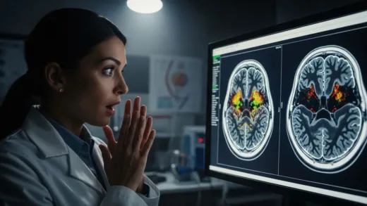 A neuroscientist in a lab coat looking at brain scan images on a large monitor with shocked expression, showing two contrasting brain scans - one normal with bright amygdala and prefrontal cortex, another dark and inactive like a psychopath's brain pattern, dramatic lighting in neuroscience laboratory.