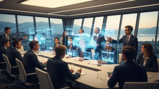 A futuristic conference room in Geneva with international delegates discussing autonomous vehicle regulations, holographic displays showing FSD technology, modern architecture with glass walls, professional atmosphere, detailed facial expressions of agreement