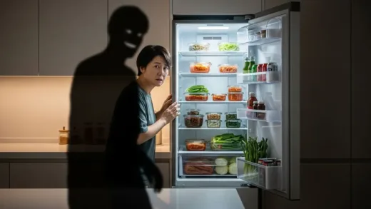 A concerned middle-aged person looking inside a refrigerator filled with various food items, with a dark ominous shadow looming over the fridge, symbolizing hidden dangers. The scene is in a modern Korean kitchen with soft lighting.