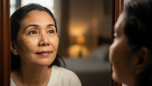 A close-up portrait of a mature Asian woman looking thoughtfully at her reflection in a mirror, with natural morning light illuminating her face. She has visible sun spots and melasma, expressing a mix of contemplation and hope. The atmosphere is soft and realistic, with focus on skin texture and emotional expression.