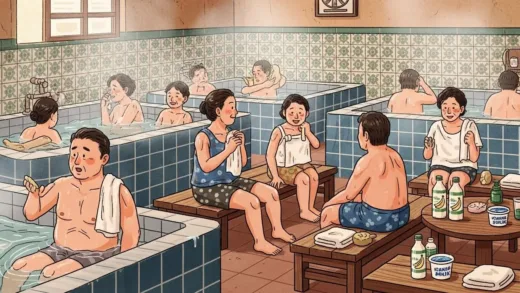 A nostalgic Korean neighborhood bathhouse scene, warm and steamy atmosphere, father and young child enjoying bath time together, traditional tile walls, wooden benches, bottles of banana milk and yogurt on a small table, soft morning light filtering through steam, cozy and sentimental mood, digital illustration style with warm color palette.