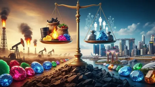 A dramatic contrast illustration showing Myanmar's natural resources (oil, gems, natural gas) on one side and Singapore's modern skyline with financial district on the other, with a scale balancing between them, cinematic lighting, detailed realism, symbolic representation of resource curse vs human capital development.