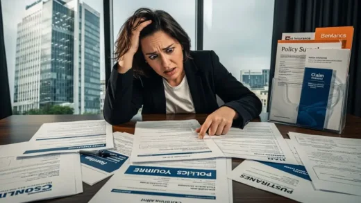 A realistic image showing a person looking confused at multiple insurance documents spread on a table, with a tall modern insurance company building visible through the window in the background, cinematic lighting, detailed facial expression, professional photography style