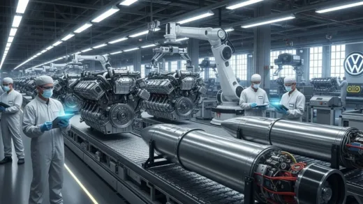 A surreal image of a modern Volkswagen car factory interior, where instead of car parts, military tank engines and missile components are being assembled. Engineers in cleanroom suits are inspecting the military hardware. The atmosphere is stark and industrial, with a subtle hint of urgency. Use a blend of realistic and slightly futuristic elements.