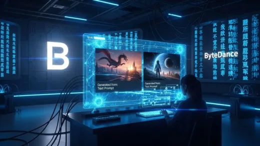 A hyper-realistic cinematic scene showing an AI generating stunning video content from text prompts, with Chinese characters and ByteDance logo visible in the background, futuristic technology interface glowing with neural networks.