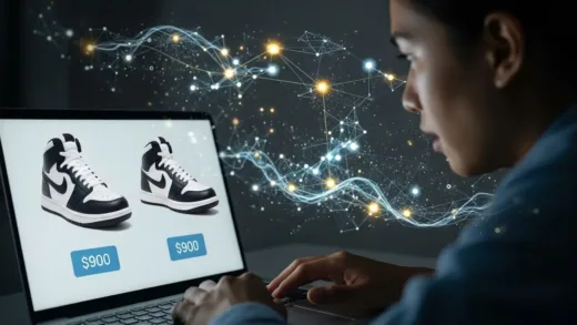 A person looking at two different price tags on identical sneakers on a laptop screen, with AI algorithm visualizations in the background, representing personalized pricing.