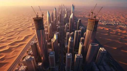 Futuristic linear city in the middle of desert with mirrored skyscrapers stretching to horizon, NEOM city concept art, hyper-realistic rendering, golden hour lighting, aerial view, massive construction cranes, desert landscape