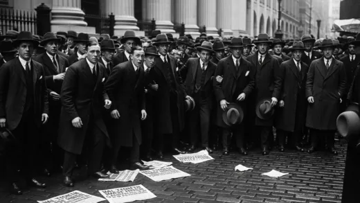 A dramatic black and white historical photograph depicting the Wall Street crash of 1929. A crowd of anxious people gathers outside the New York Stock Exchange, with distressed expressions. Newspapers with bold headlines about the market crash are scattered on the ground. The atmosphere is chaotic and somber, symbolizing the beginning of the Great Depression.