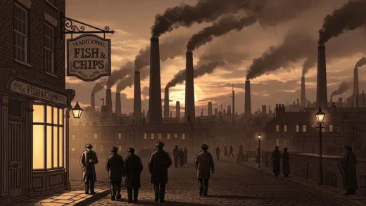 A vintage style illustration of 19th century London industrial landscape with factory smokestacks, workers walking home, and a traditional fish and chips shop sign in the foreground, warm sepia tones, detailed historical atmosphere