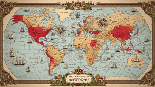 A majestic historical map of the British Empire with ships sailing across oceans, showing London as the center of global trade routes, cinematic lighting, detailed cartography style