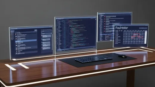 A futuristic AI humanoid robot sitting at a modern office desk, accessing multiple computer screens showing code, emails, and calendars, with a glowing neural network visualization in the background, cinematic lighting, photorealistic style