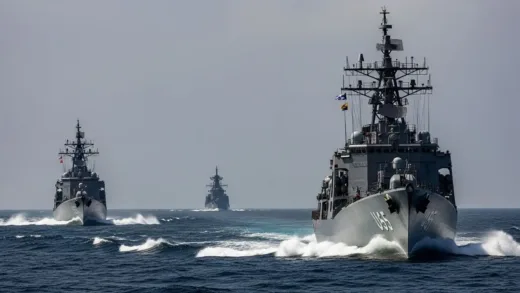 A dramatic black and white photo showing US and Soviet naval ships facing off in the Caribbean Sea during the Cuban Missile Crisis, with tense military personnel on deck, dark storm clouds gathering overhead symbolizing impending nuclear war