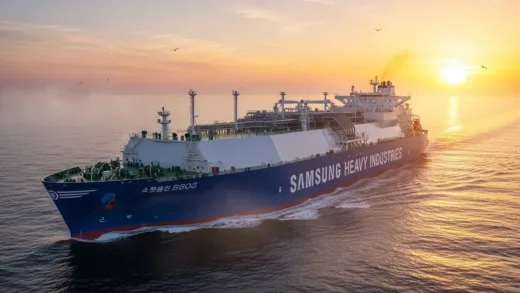 A majestic modern LNG carrier ship sailing through ocean waves at sunset, with Samsung Heavy Industries logo visible on the ship's hull, representing the resurgence of shipbuilding industry in energy transition era