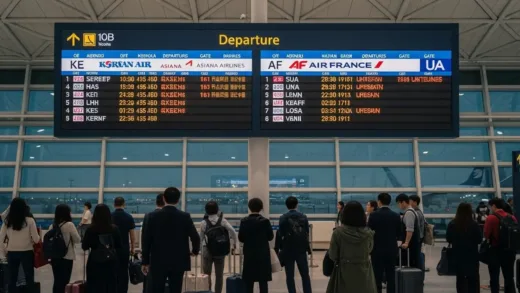 A busy international airport departure board showing various airline codes like KE, OZ, AF, UA with flight information changing in real time, modern airport terminal with travelers looking at the board, professional photography, sharp focus