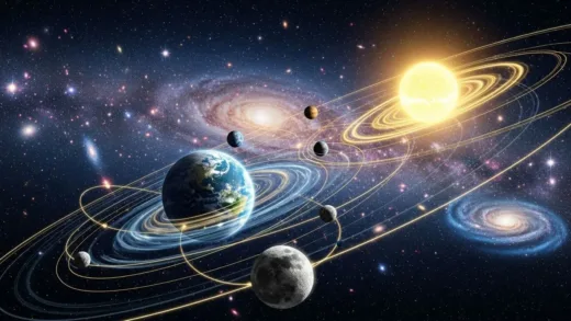 A beautiful artistic rendering of the Moon orbiting Earth with visible orbital path lines, Earth orbiting the Sun with spiral trajectory, and the Solar System moving through the Milky Way galaxy, all shown in a hierarchical cosmic dance, digital art, vibrant colors, cosmic background with stars