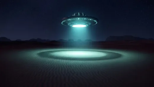 A mysterious desert landscape at night with a glowing unidentified flying object in the sky, casting eerie light on the sand dunes, cinematic lighting, realistic photo, 8K resolution