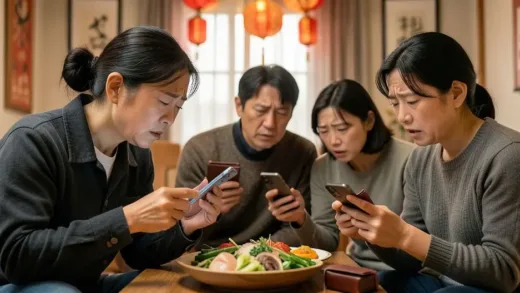 A modern Korean family gathered for Lunar New Year celebration, looking stressed while checking smartphone banking apps and holding wallets, with traditional food in background but focus on financial anxiety, realistic style, warm indoor lighting, detailed facial expressions