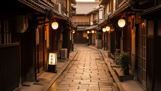 A picturesque alleyway in Fukuoka with traditional Japanese architecture, not a crowded tourist spot, but hinting at hidden gems, warm evening light, narrow stone street, lanterns, inviting atmosphere.