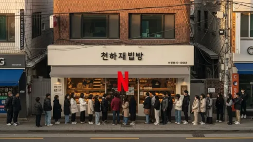 Aerial view of people lining up in front of a popular bakery in Seoul, with Netflix 'Cheonhajaebbang' logo overlay, vibrant morning light, detailed bakery storefront, Korean urban street scene, photorealistic style