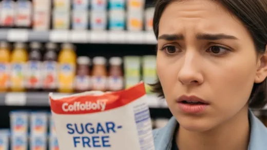 A close-up of a confused person looking at a 'sugar-free' label, with blurred images of various 'healthy' foods like fruit juice and yogurt in the background. Soft, natural lighting.