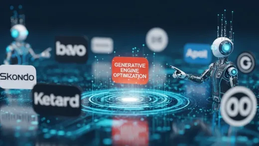 A futuristic digital landscape with AI interacting with various brand logos, a spotlight on one brand, representing Generative Engine Optimization. The image should convey innovation and the merging of AI with commerce.