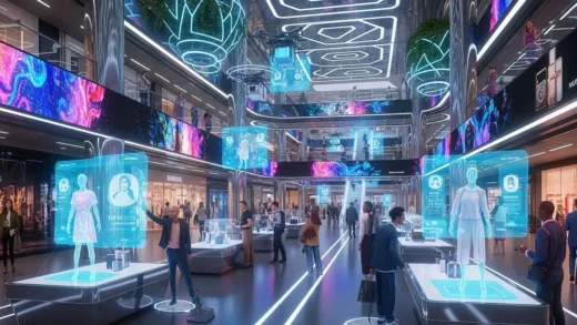 A vibrant, futuristic shopping mall scene with customers interacting with AI holograms and smart displays that suggest personalized products. The atmosphere is bustling and innovative, with a focus on seamless technology integration, digital art.