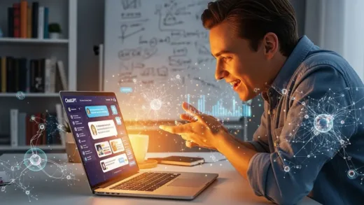 A person sitting at a desk, enthusiastically interacting with a glowing ChatGPT interface on a laptop. The screen shows interactive learning content. The atmosphere is bright and inspiring, with elements of knowledge and technology blended seamlessly.