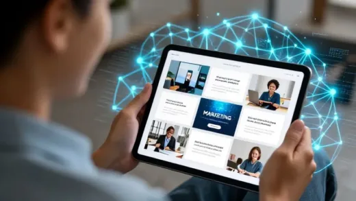 A dynamic, engaging image of a person smiling while interacting with a tablet displaying various creative marketing images, with AI-related visual elements like glowing neural networks or digital patterns in the background. The overall mood is innovative and empowering.