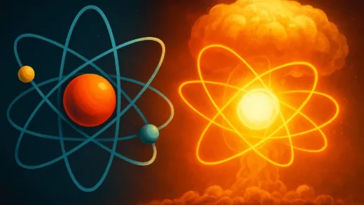 A stylized atom transitioning from a harmless, toy-like solar system model to a powerful, glowing energy source, with a faint mushroom cloud in the background, illustrating the shift in perception of atomic power.