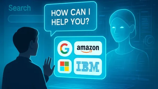 A futuristic scene showing a person asking questions to an AI assistant on a holographic screen, with various business logos appearing in the AI's response bubble. The background shows a mix of traditional search engines and modern AI interfaces transitioning into each other.
