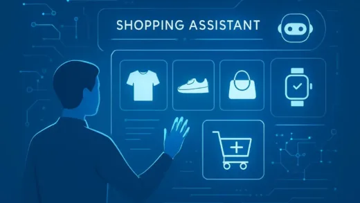 A futuristic shopping assistant AI interface showing product recommendations, with a person interacting with a holographic display of various products, digital shopping cart, and AI algorithms working in the background. Modern minimalist design with blue and white color scheme, clean lines, and futuristic elements.
