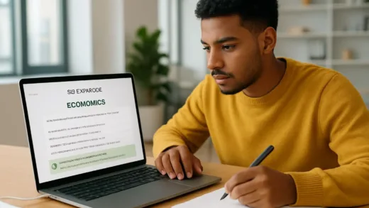 A person studying economics with a laptop, showing ChatGPT's "Study Mode" interface with interactive questions and explanations. The person looks engaged and focused. Bright, modern office setting.