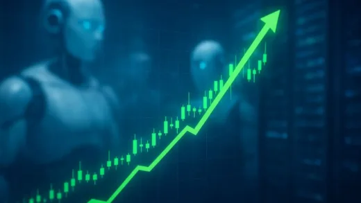 A dynamic illustration of a financial chart showing rapid growth, with blurred images of AI robots and data centers in the background, symbolizing a new technological and economic revolution. The chart has a distinct upward trend, suggesting investment opportunities.