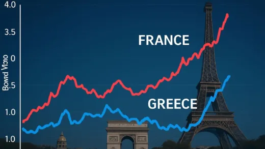 A striking image of a financial chart showing France's bond yield line crossing above Greece's, set against a backdrop of iconic French landmarks.