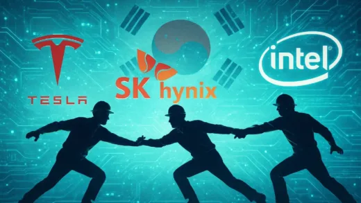 A dynamic scene of a global talent war, with silhouette figures of engineers being pulled in different directions by logos of Tesla, SK Hynix, and other tech companies. Futuristic, high-tech background with glowing circuits and data streams, emphasizing AI and semiconductor industry. The Korean flag is subtly integrated into the background.